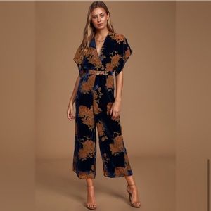 Lulu's Chic Perfection Navy Blue Velvet Floral Culotte Jumpsuit